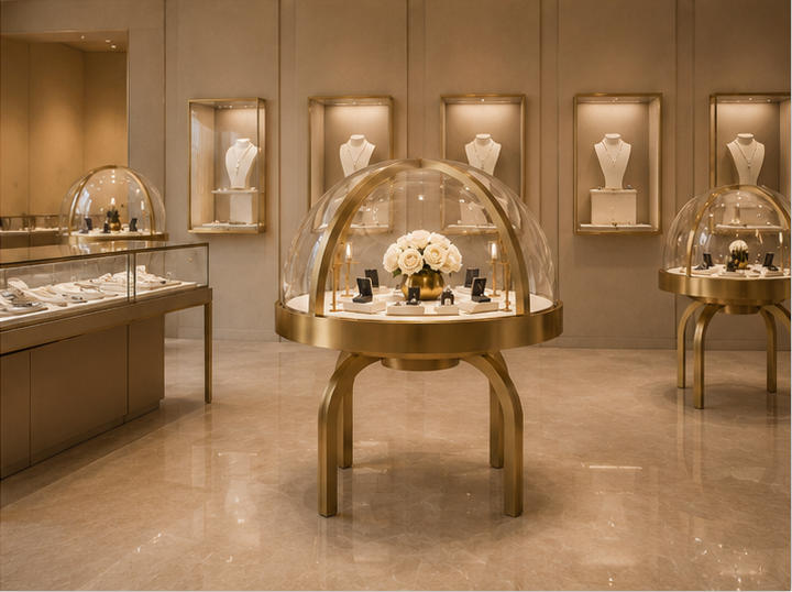 Round Dome Jewelry Display Table | Gold Framed Showcase 10 Round dome jewelry display table in boutique centerpiece setting